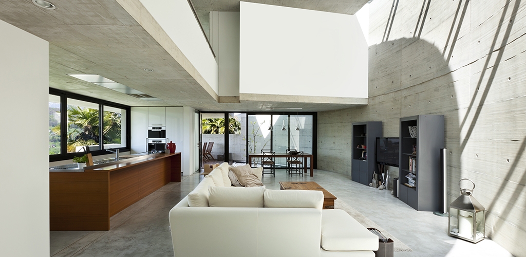 beautiful modern house in cement, interior, living room